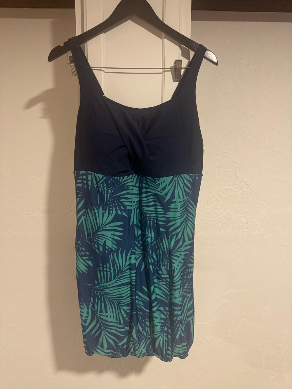 Navy & Teal Palm Print Swimdress 18w plus tropical